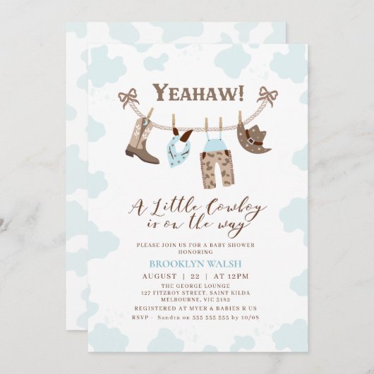 Moderne Blue Brown Kleine Cowboy Baby Dusche Einladung (Vorne/Hinten)