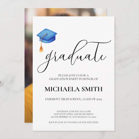 Moderne Blue Cap High School Foto Graduation Party Einladung (Vorne/Hinten)