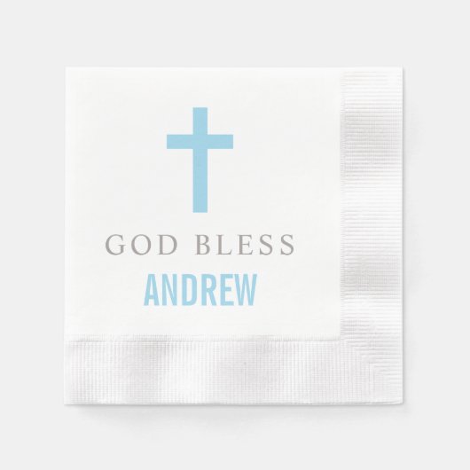 Moderne Blue Cross God Bless Baby Boy Taufe Serviette (Vorderseite)