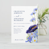 Moderne Blue Elegante Wildblume Hochzeit Einladung (Stehend Vorderseite)