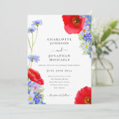 Moderne Blue Elegante Wildblume Hochzeit Einladung (Stehend Vorderseite)