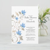 Moderne Blue Floral Boy Baby Dusche Einladung (Stehend Vorderseite)