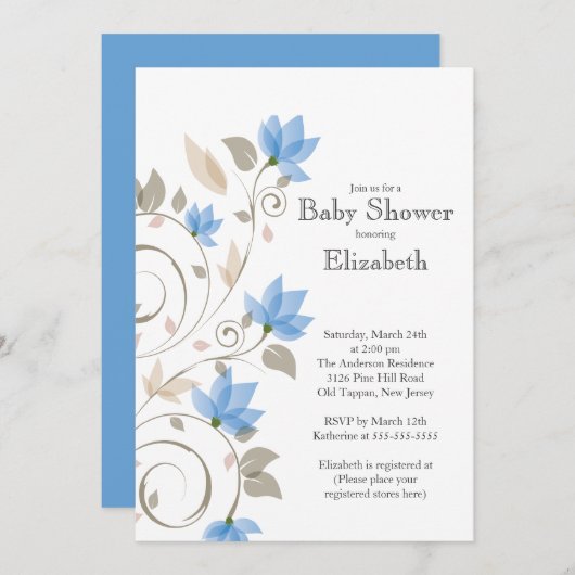 Moderne Blue Floral Boy Baby Dusche Einladung (Vorne/Hinten)