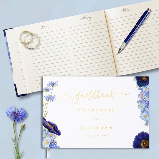 Moderne Blue Floral Gold-Folie Hochzeit Gästebuch