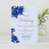 Moderne Blue Floral Gold Swirt Einladung Hochzeit (Stehend Vorderseite)