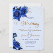 Moderne Blue Floral Gold Swirt Einladung Hochzeit (Vorderseite)