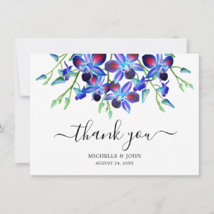 Moderne Blue Floral Orchids Wasserfarbname Hochzei Dankeskarte