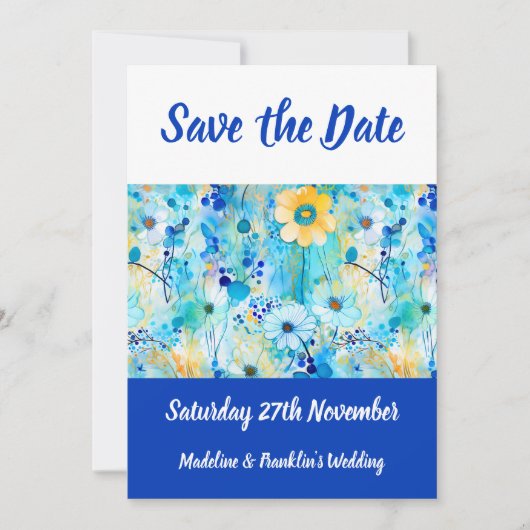Moderne Blue Floral Print Wedding rettet das Datum Save The Date (Vorderseite)