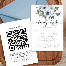Moderne Blue Floral QR Code Wedding RSVP Card