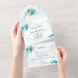 Moderne Blue Floral Wedding Einladung & RSVP Card