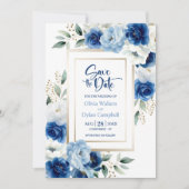 Moderne Blue Floral Wedding rettet das Datum Einladung (Vorderseite)