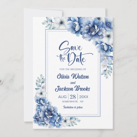 Moderne Blue Floral Wedding rettet das Datum Einladung (Vorderseite)
