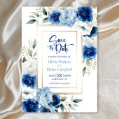 Moderne Blue Floral Wedding rettet das Datum Einladung