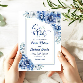 Moderne Blue Floral Wedding rettet das Datum Einladung