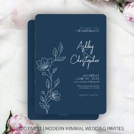 Moderne Blue Foliage Kontur All-in-One Hochzeit Einladung