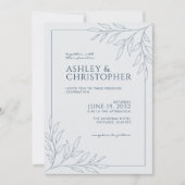Moderne Blue Foliage Kontur All-in-One Hochzeit Einladung (Vorderseite)