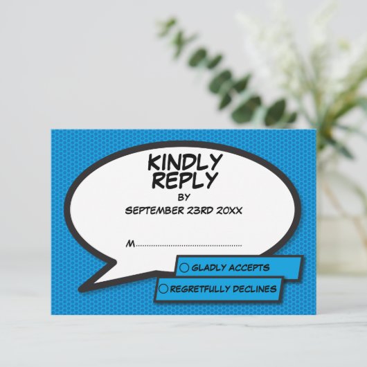 Moderne Blue Fun Comic Book Wedding RSVP Karte (Stehend Vorderseite)