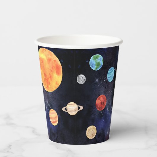 Moderne Blue Galaxy Planets Space Pappbecher (Rückseite)