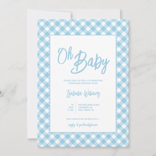 Moderne Blue Gingham Baby Dusche Einladung (Vorderseite)