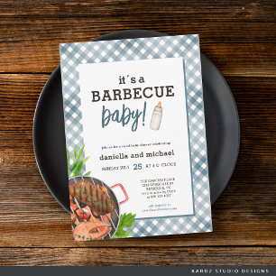Moderne Blue Gingham Barbecue Baby Dusche Einladung