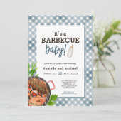Moderne Blue Gingham Barbecue Baby Dusche Einladung (Stehend Vorderseite)