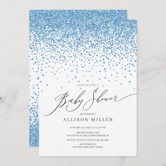 Moderne Blue Glitzer Boys Baby Dusche Einladung (Vorne/Hinten)
