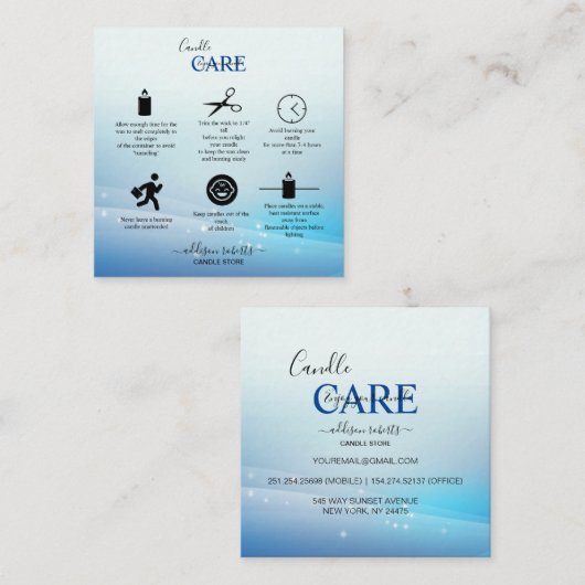Moderne Blue Glitzer Candle Care Quadratische Visitenkarte (Vorne/Hinten)