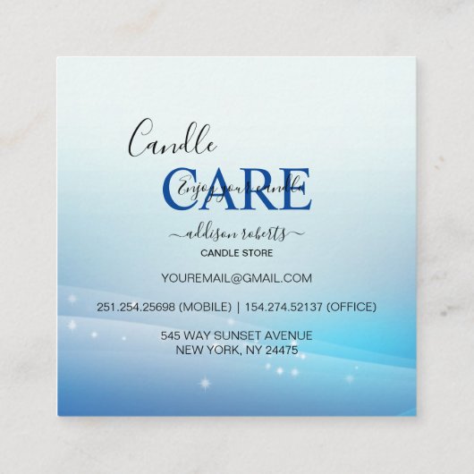 Moderne Blue Glitzer Candle Care Quadratische Visitenkarte (Rückseite)