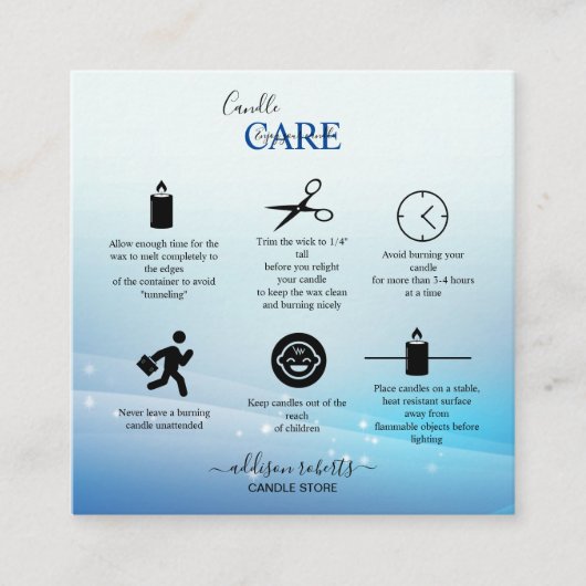 Moderne Blue Glitzer Candle Care Quadratische Visitenkarte (Vorderseite)
