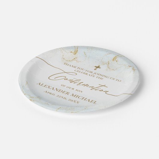 Moderne Blue-Gold-Cross-Boy-Bestätigung Pappteller (Schrägansicht)