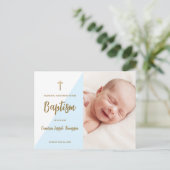 Moderne Blue Gold Cross Custom Baby Boy Taufe Postkarte (Stehend Vorderseite)