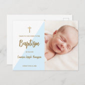 Moderne Blue Gold Cross Custom Baby Boy Taufe Postkarte (Vorne/Hinten)