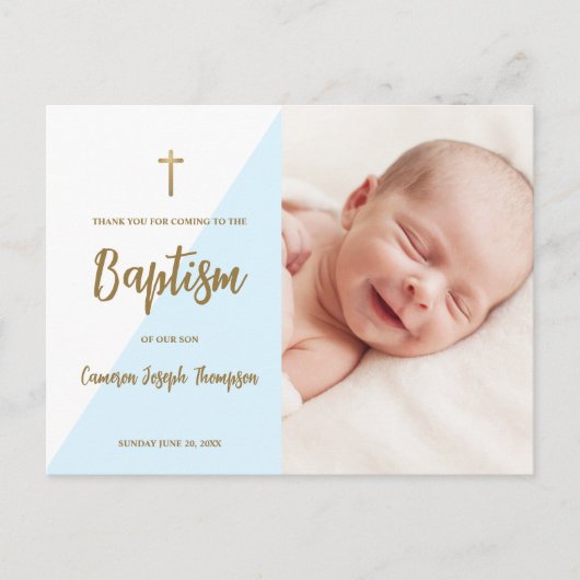 Moderne Blue Gold Cross Custom Baby Boy Taufe Postkarte (Vorderseite)
