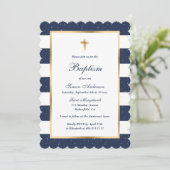 Moderne Blue-Gold-Cross-Striping Boy-Taufe Einladung (Stehend Vorderseite)