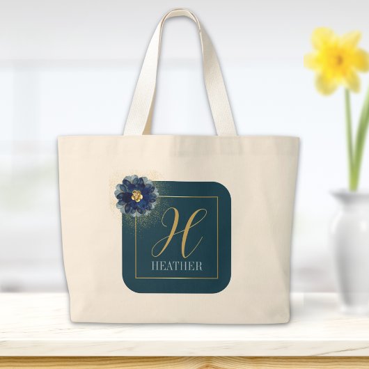 Moderne Blue Gold Floral Name und Monogram Totbeut Jumbo Stoffbeutel