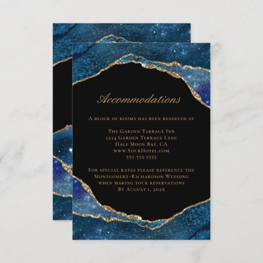 Moderne Blue Gold Foil Agate Hochzeitsunterkünfte Begleitkarte (Vorne/Hinten)