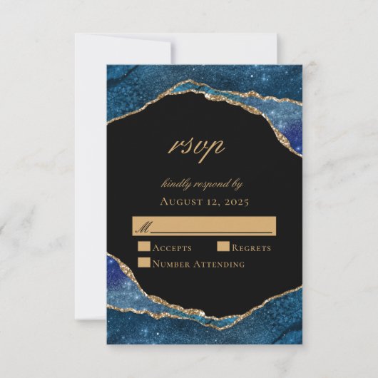 Moderne Blue Gold Foil Agate Wedding RSVP Karte (Vorderseite)