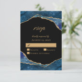 Moderne Blue Gold Foil Agate Wedding RSVP Karte (Stehend Vorderseite)
