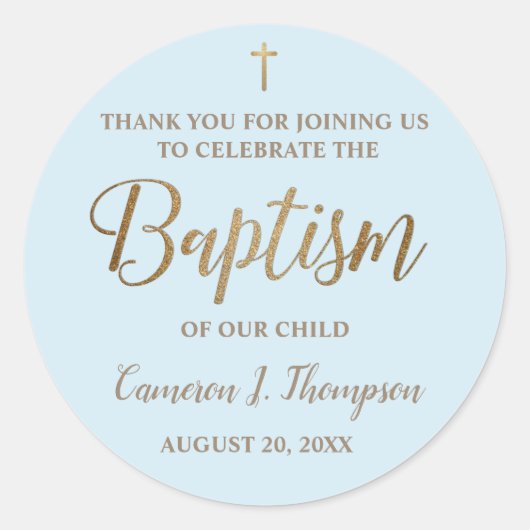 Moderne Blue Gold Name Baby Boy Taufe Runder Aufkleber (Vorderseite)
