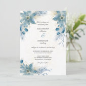 Moderne Blue & Gold Poinsettia Wedding Einladung (Stehend Vorderseite)