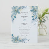 Moderne Blue & Gold Poinsettias auf Blue Wedding Einladung (Stehend Vorderseite)