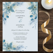 Moderne Blue & Gold Poinsettias auf Blue Wedding Einladung