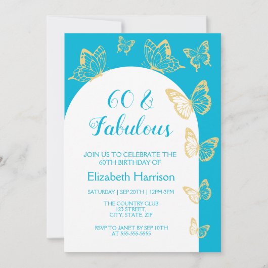 Moderne Blue Gold Schmetterlinge Fabulous Geburtst Einladung (Vorderseite)