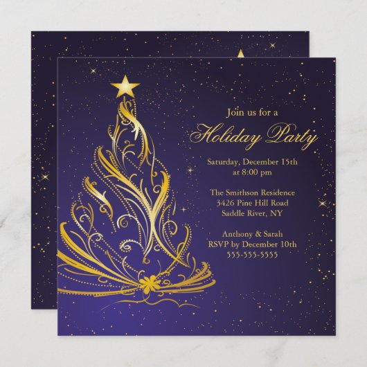 Moderne Blue & Gold Weihnachtsfeier Einladung (Vorne/Hinten)