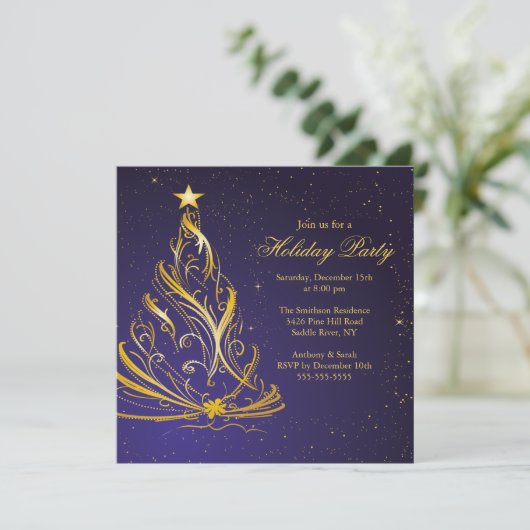 Moderne Blue & Gold Weihnachtsfeier Einladung (Stehend Vorderseite)