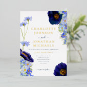 Moderne Blue Gold Wildblume Watercolor Hochzeit Folieneinladung (Stehend vorne)