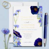 Moderne Blue Gold Wildblume Watercolor Hochzeit Folieneinladung
