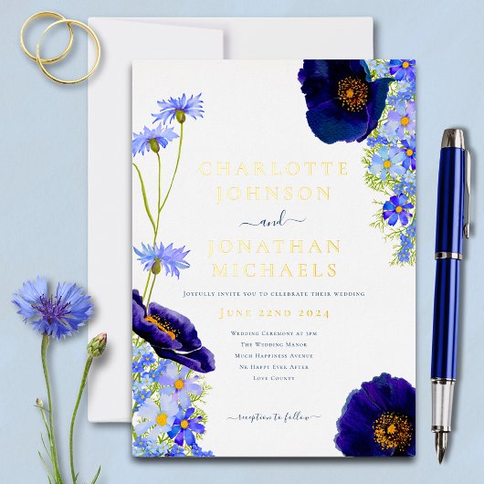 Moderne Blue Gold Wildblume Watercolor Hochzeit Folieneinladung