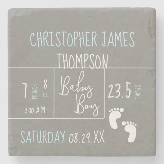 Moderne Blue Gray Baby Boy Foto Geburtserklärung Steinuntersetzer (Vorderseite)