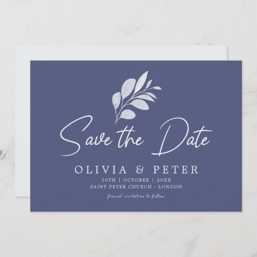 Moderne Blue Gray Foliage Hochzeit Save The Date (Vorne/Hinten)
